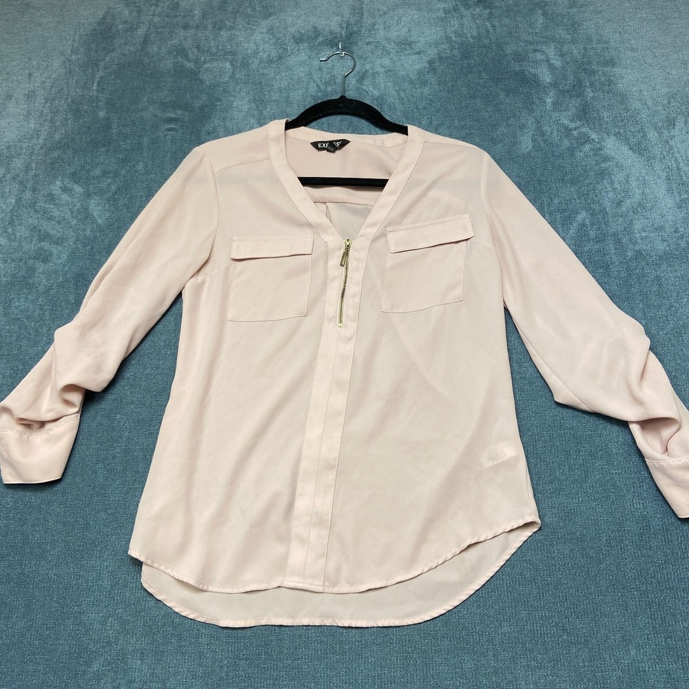 Express Blouse Top Women S Baby Pink Chiffon Sheer 1/4 Zip V-Neck Chest Pockets